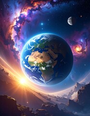 Earth in a vibrant cosmic landscape