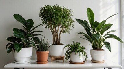 A collection of vibrant houseplants in stylish white and terracotta pots sits attractively arranged on a white surface, showcasing lush greenery and a peaceful aesthetic.