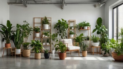 A brightly lit room displays a collection of various houseplants in stylish planters and on wooden shelves, creating a tranquil and inviting atmosphere.
