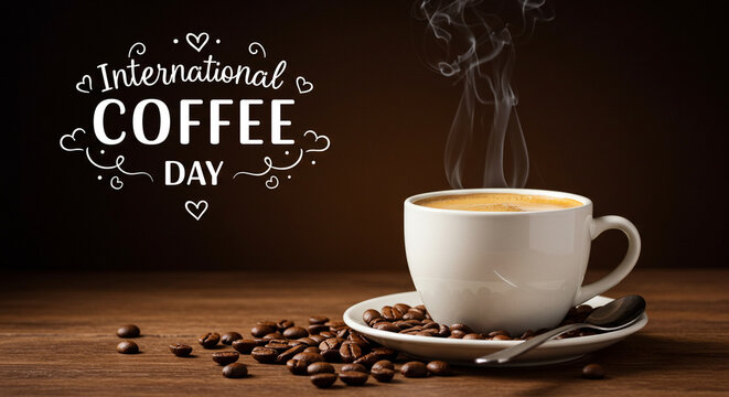 Celebrate International Coffee Day with a steaming cup of rich, aromatic coffee surrounded by freshly roasted beans on a rustic wooden table, capturing the perfect morning mood.