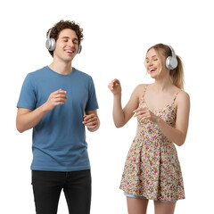 Joyful Couple Dancing to Music on white background