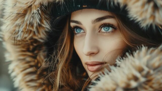 A woman dressed in a warm fur coat and hat, ideal for winter scenes or fashion images