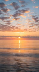 Golden sunset reflected on calm ocean water with scattered clouds in the sky