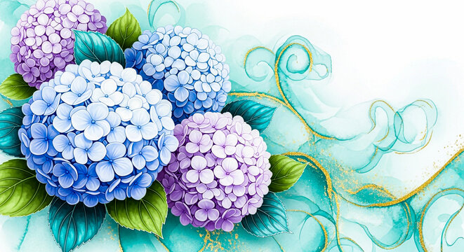 A cluster of vibrant blue and purple hydrangeas with lush green leaves is set against a soft, flowing background with golden accents