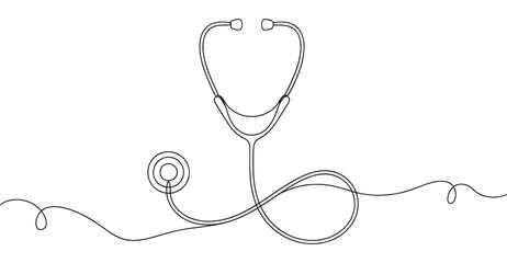 Continuous line drawing of stethoscope with flowing tubing and chest piece, minimalist medical illustration symbolizing healthcare profession