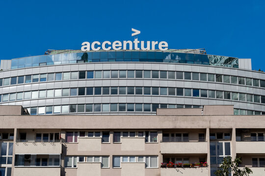 Warsaw, Poland - August 17, 2025: Accenture logo on the top of office building