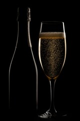 Sparkling beverage in elegant glass beside bottle on dark background with dramatic lighting