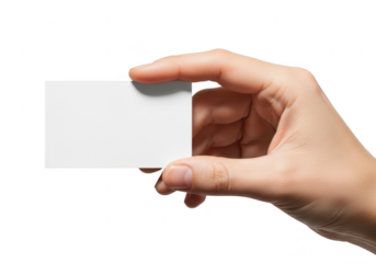 Hand holding blank white business card offering professional contact information exchange transparent background