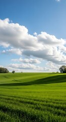Obraz premium Rolling green hills under a bright blue sky with dramatic cumulus clouds and scattered trees