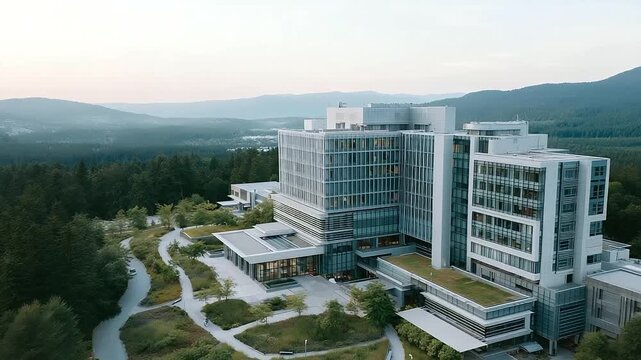 aerial view of multi story hospital with outdoor green zones and walking paths integration of health and nature three quarter wide angle cinematic color correction gentle