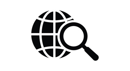 A dark globe icon with a magnifying glass examining its surface