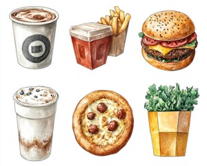 Watercolor illustration of various fast food items