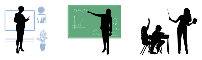 Back to school. Teacher and pupils silhouettes with school items on white background. Vector illustration.