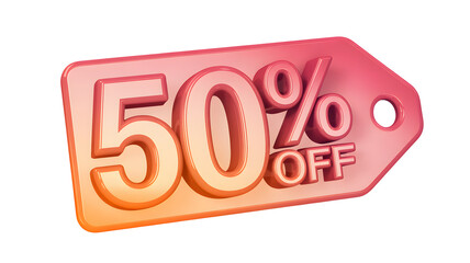 A pink and orange tag displaying a fifty percent off discount for retail promotions and advertising use