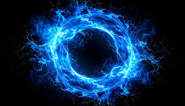 Abstract round shape of vivid blue lightning, crisp electric details, isolated on black background