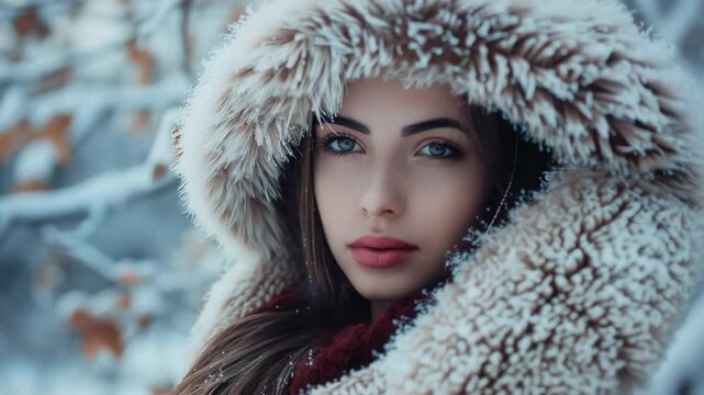 A woman dressed in warm winter clothing, with a furry coat and matching hat