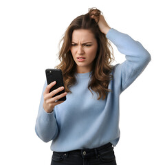 Frustrated Woman with Smartphone: Problem Solving, Technology Trouble on white background