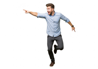 Young man with beard in light blue shirt dancing and pointing energetically transparent background