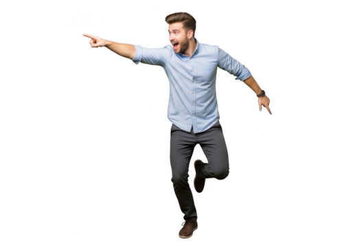 Young man with beard in light blue shirt dancing and pointing energetically transparent background