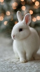 Obraz premium White Rabbit Sitting Peacefully in Front of Sparkling Holiday Lights During a Cozy Winter Evening.