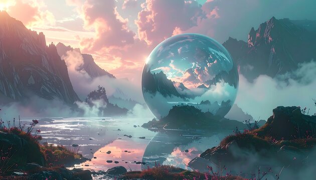 A serene, tranquil landscape featuring a large, reflective sphere hovering over a mirrored lake nestled amidst misty mountains.