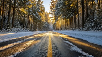 Obraz premium Beautiful Winter Sunrise Over a Snow-Covered Road in a Peaceful Forest Setting.