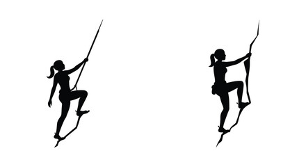 Silhouette of a female rock climber ascending a vertical climbing wall
