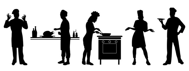 Chef cooking silhouettes, food preparation. Profession silhouettes. Vector illustration	

