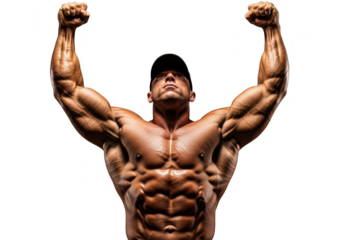 Muscular bodybuilder posing with arms raised showcasing intense physique and strength transparent background