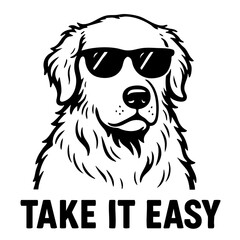 Cartoon illustration of a dog wearing sunglasses with text “Take it easy.”
