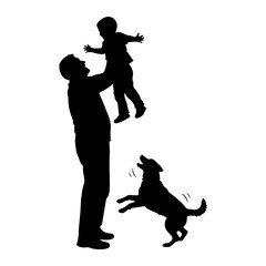 Father child and dog playing silhouette