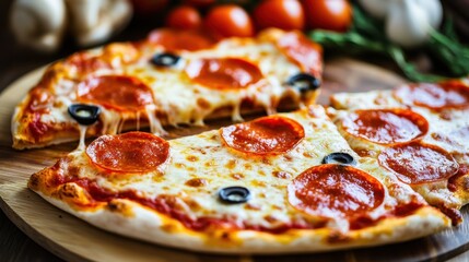 Delicious pepperoni pizza with olives and melting cheese. National Pizza Month
