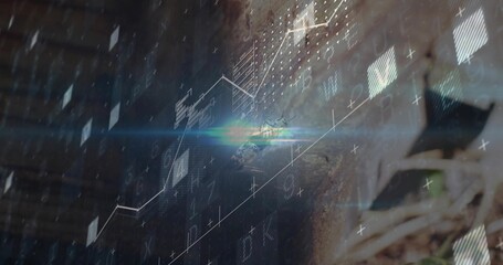 Naklejka premium Showing small twig sprouting from crack on weathered exterior building wall, with digital graphics