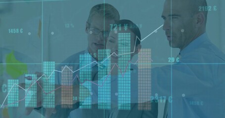 Colleagues in business attire discussing rising data trends in office, with bar chart display