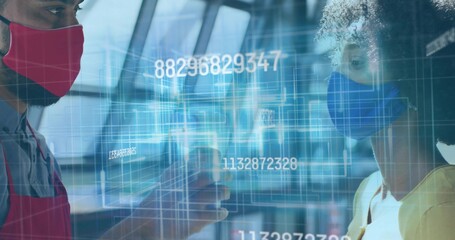 Processing payment red-aproned barista scanning phone to masked patron at cafe, with data lines