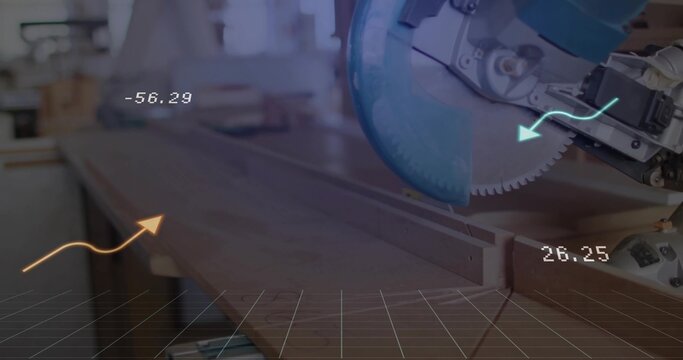 Operating circular miter saw, positioning plank on workbench, with arrows and readouts, copy space