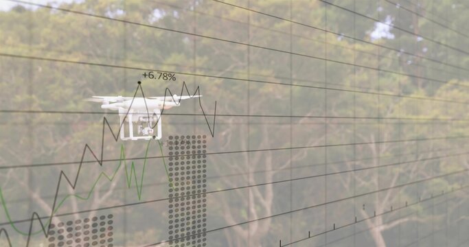 Hovering white drone projecting financial chart grid overlay with +6