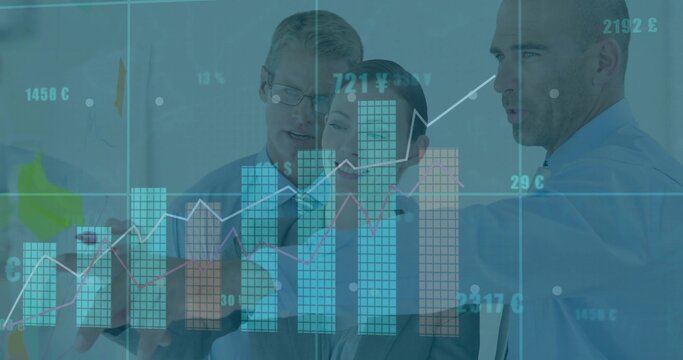 Colleagues in business attire discussing rising data trends in office, with bar chart display - Powered by Adobe