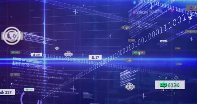 Streaming binary code forming data stream in cyberspace, with thumbs-up icons and chat bubbles