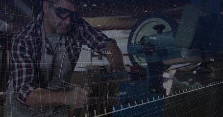 Measuring woodworker marking plank by table saw fence on workshop bench, with digital grid overlay