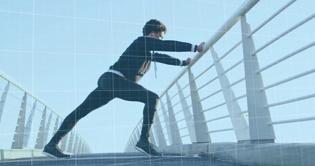Stretching athlete performing calf stretch on metal bridge, with white railings and running shoes © vectorfusionart