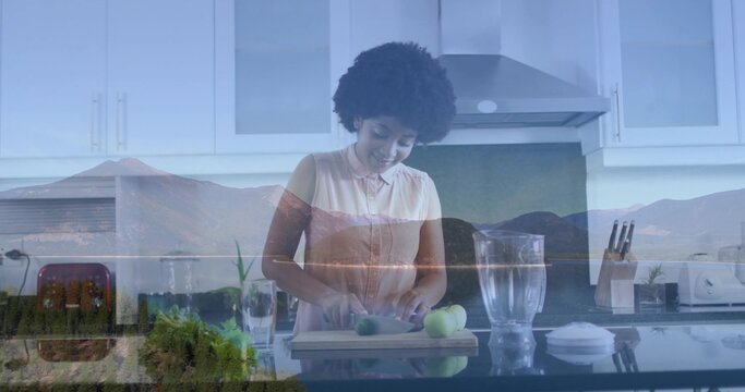 Woman wearing pink blouse chopping green apples on cutting board in home kitchen, with red toaster