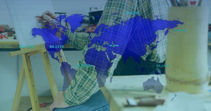 Woman marking plank beside easel at workshop bench, wearing plaid shirt with pencil and map overlay