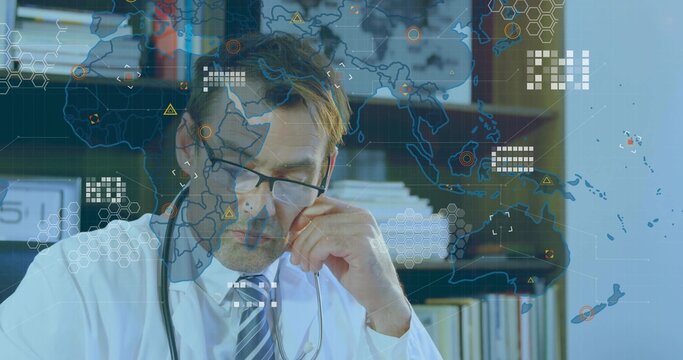 Leaning head on hand, doctor studying digital map in research lab, with stethoscope, eyeglasses