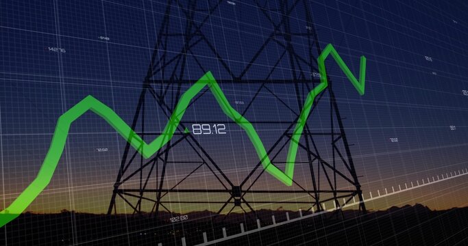 Displaying steel lattice tower at dusk, overlaying grid with numeric labels and green trend line
