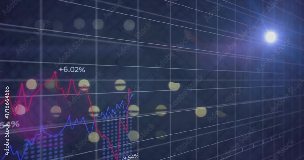 Wall mural displaying data graphs tracing red and blue lines on digital dashboard, featuring bars, flare