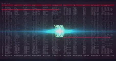 Pulsing cyan-green data waveform animating dashboard, with red scanning line, columns and labels