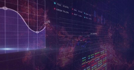 Displaying dashboard floating on virtual trading screen, with 3D line graphs and stock tickers