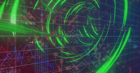 Swirling neon green rings rotating over dark blue grid, with red line charts and percentage labels