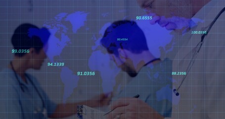 Clinicians in scrubs with stethoscope examining clipboard in clinic room, with world map overlay